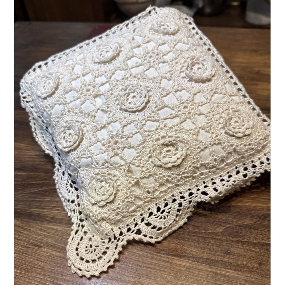 Vintage Crochet Lace Throw Pillow Beige 8"x8" Square Decorative Cushion Cover VT